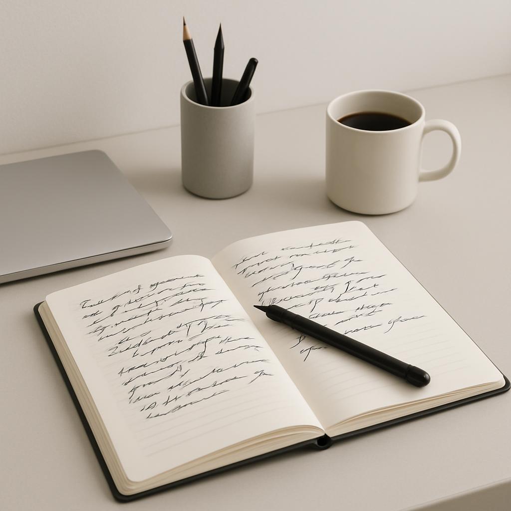 A notebook with cursive writing, a pen, a cup of coffee, a laptop, and a holder of pencil on a light gray desk.