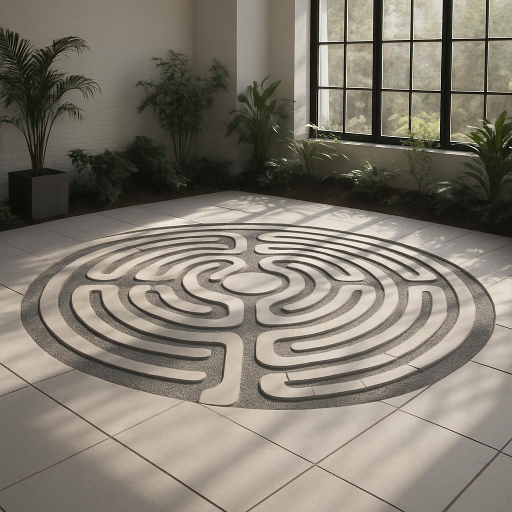 A well-lit indoor labyrinth with a soothing color scheme, featuring a stone design on tile flooring.